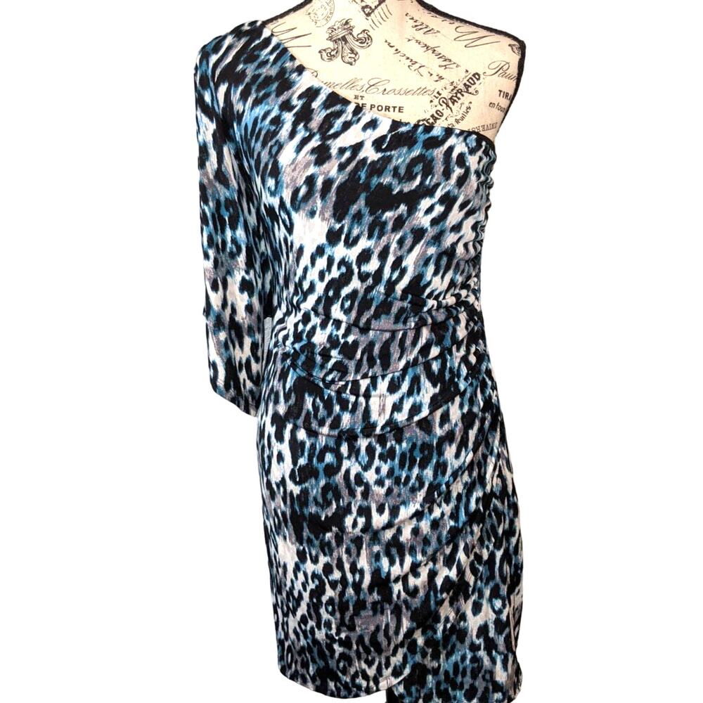 Off Shoulder Leopard Print Dress Mob Wife Blue Clubbing Date Night Sexy Size 10